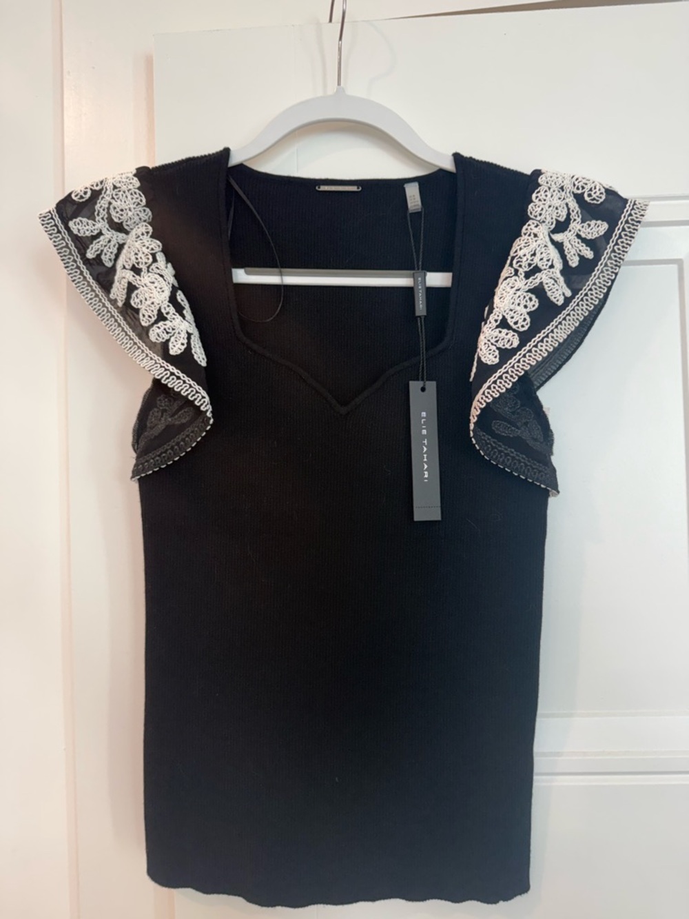 Elie Tahari Black Knit Top with Cream Lace Accents